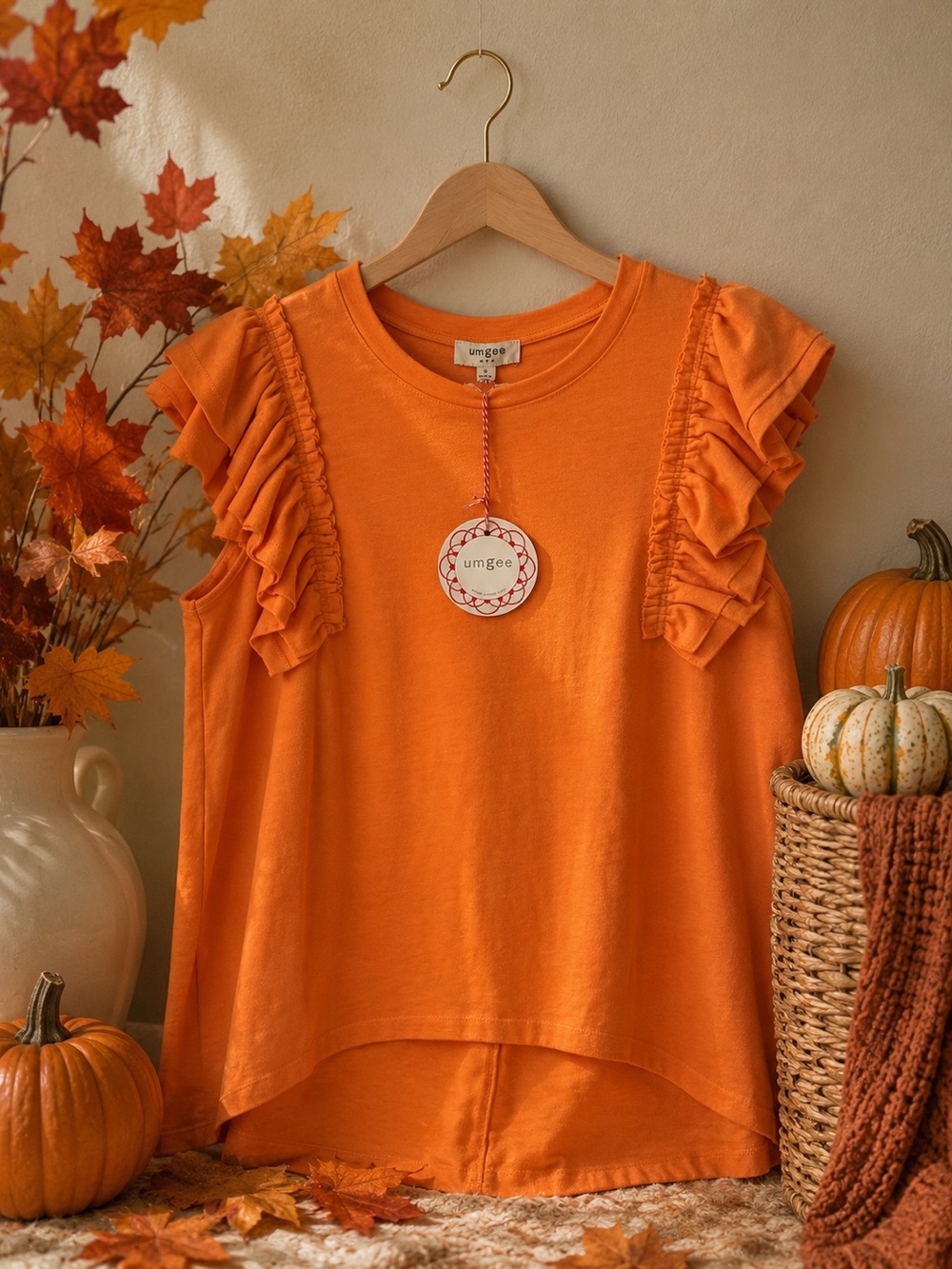 Umgee Ladies Orange Ruffle Sleeve Top